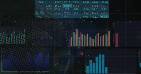 Displaying data dashboard on screen, with numeric table, bars, grid lines, gauge Stock Illustration