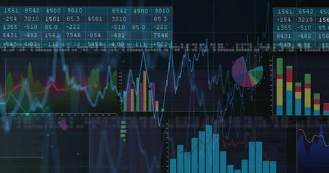 Displaying data dashboard on screen, with numeric tables, line graph, pie chart 스톡 사진