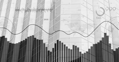 Displaying data dashboard showing bar chart and oscillating line graph with Foto stock