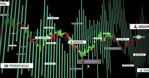 Displaying data dashboard showing green bars and red or green candlestick chart, Stock Photos