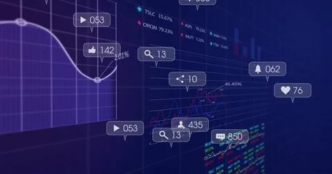 Displaying data dashboard showing line graphs, bar charts and social icons on Stock Illustration