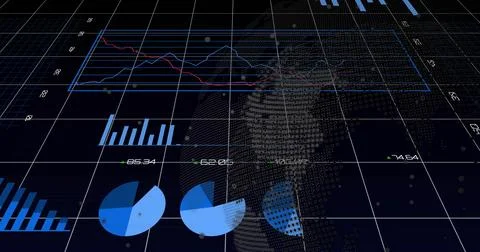 Displaying data dashboard showing multi-line graph, numeric labels, dotted globe 스톡 일러스트