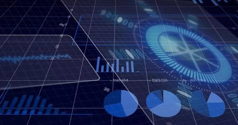 Displaying data dashboard showing panels on navy grid with bar charts, pie Illustrazione stock