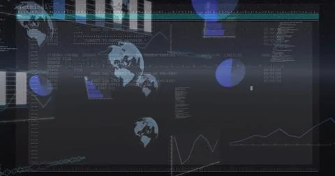 Displaying data dashboard showing panels and terminal readouts on widescreen, Stock-Illustration