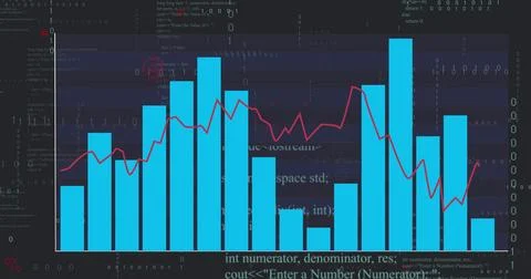Displaying data dashboard showing turquoise bar columns and red trend line on Foto stock