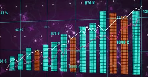 Displaying data dashboard showing turquoise and orange bars on screen, with 스톡 사진