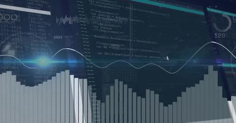 Displaying data dashboard showing vertical bar chart with glowing waveform on Stock Illustration