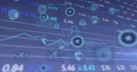 Displaying data dashboard on tilted plane, showing trending blue line, numeric Illustrazione stock