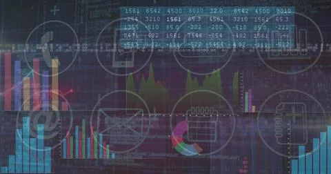 Displaying data dashboard in virtual interface, showing bar charts line graph Illustrazione stock
