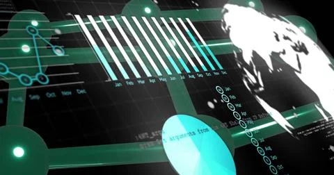 Displaying data dashboard in virtual UI, showing Jan-Dec bars, pie chart, world Illustrazione stock
