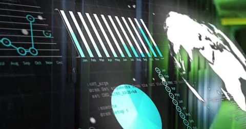Displaying data on digital interface, with bar, line, pie charts, code snippets, Stock Illustration