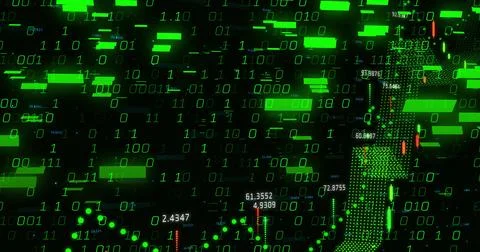 Displaying data display on screen with binary digits, green bars, numeric Stock Illustration