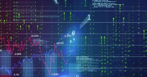 Displaying data display on screen showing red blue graphs with % labels Stock Illustration