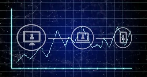Displaying data flow chart with varying cyan line and monitor, building and Stock Illustration