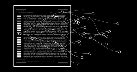 Displaying data-flow display on screen, featuring text panel, bars and connector Stockfoto's