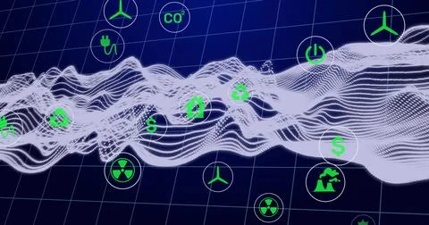 Displaying data flowing on dark blue digital grid with green icons showing Illustrazione stock