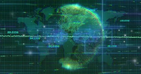 Displaying data globe rotating in grid matrix, with world map silhouette and Stock Illustration