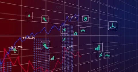 Displaying data graphic on dashboard, showing blue and red line charts, percent Foto stock