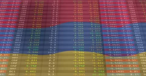 Displaying data grid in interface overlaying tricolor flag and showing codes and Stock Photos