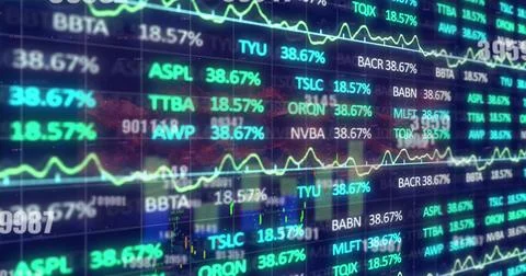 Displaying data grid overlay showing line graphs on screen featuring ticker Stock Photos