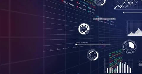 Displaying data HUD on navy purple grid, featuring ring gauges, slider, bar and Stock Photos