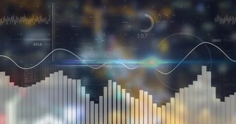 Displaying data HUD over blurred night city, showing bar chart, sine line, イラスト素材