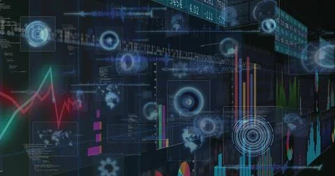 Displaying data HUD streaming on terminal, showing candlesticks, bars, Illustrazione stock