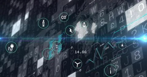 Displaying data HUD on virtual dashboard, showing teal icons, world map, line Fotos de archivo