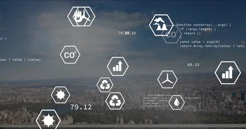 Displaying data icons hovering over urban skyline, with recycling and CO2 스톡 사진