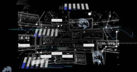 Displaying data interface floating on virtual dashboard, with panels and line Stock Photos