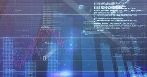 Displaying data interface at office window frames, showing red and blue graphs Stock Photos