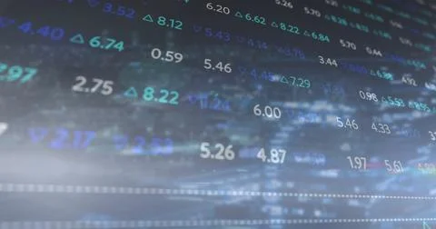 Displaying data interface showing numeric values and arrows in blue background, Illustrazione stock