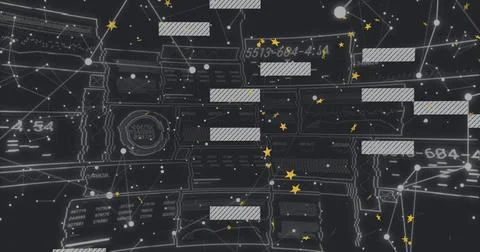 Displaying data network diagram showing nodes, striped code blocks, and star Stock Photos