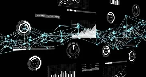 Displaying data network with glowing nodes and lines on digital dashboard, with Stock Illustration