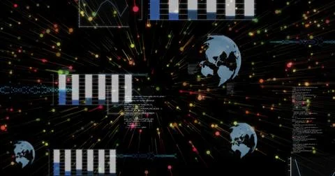 Displaying data network radiating light on black canvas, with bar charts, Illustrazione stock