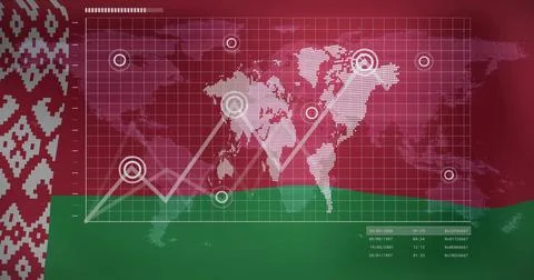Displaying data overlay on Belarus flag with world map grid markers, line chart, Stock Photos