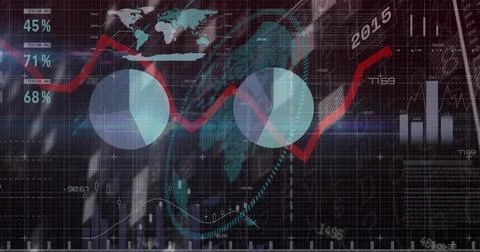 Displaying data overlay in corporate presentation, with world map pie charts  Stock Illustration