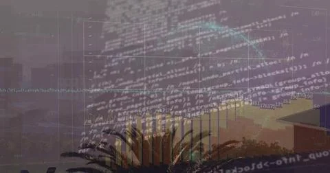 Displaying data overlay covering rooftop dusk, with code, bar charts, teal arc, 스톡 사진