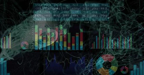 Displaying data overlay in dashboard, with bar, pie and line charts, numeric Foto stock