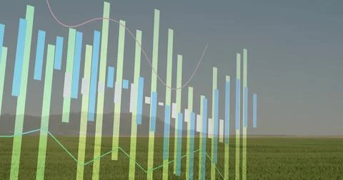 Displaying data overlay floating over grassland toward hills, with translucent Stock Photos