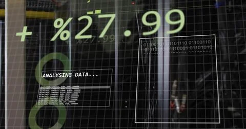 Displaying data overlay on glass panel in server room, showing +%27 Stock Illustration