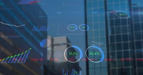 Displaying data overlay hovering above city skyline with glass skyscrapers and Fotos Stock