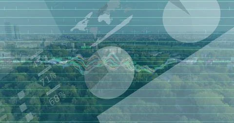 Displaying data overlay mapping forest canopy to city skyline overhead, with Stock Photos