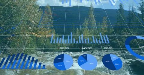 Displaying data overlay on mountain river, with grid overlay, bar pie line Stockfoto's