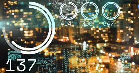 Displaying data overlay at nighttime skyline, with circular gauges, code, Stockfoto's