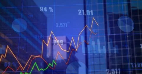 Displaying data overlay in office, with line graphs, bar charts, pie charts a Stock Photos