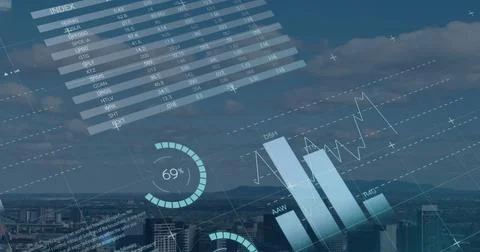 Displaying data overlay over metropolitan skyline with bar charts, line graph, Stock Photos