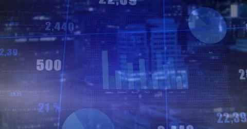 Displaying data overlay over night skyline with bar chart, numeric figures, Stock Photos