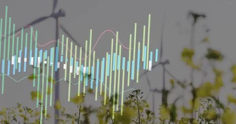 Displaying data overlay over rural field, showing bars, curves, wind turbines Stock Photos