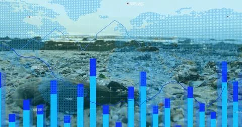 Displaying data overlay over seashell-strewn beach with pebbles, blue bars, line Stock Photos